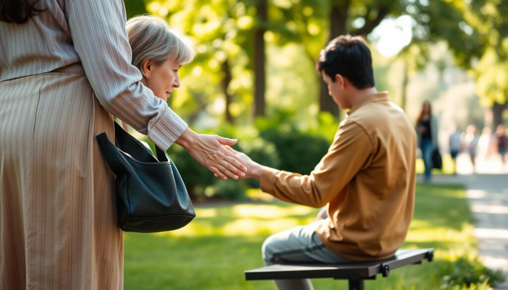 A caring individual, dressed in modest casual clothing, gently offers a hand to a person sitting on a park bench, who appears withdrawn and contemplative. In the foreground, the comforting gesture symbolizes support and empathy. The middle ground features a serene park setting with lush greenery, soft sunlight filtering through the trees, creating a warm and inviting atmosphere. The background includes a blurred view of distant people walking, emphasizing the contrast between connection and isolation. The lighting is soft, casting a gentle glow that conveys hope and understanding. The overall mood is one of compassion and warmth, highlighting the importance of reaching out to those in need.