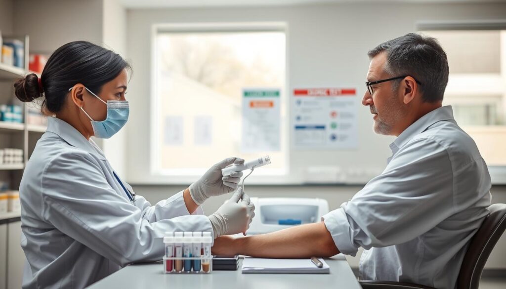 A clinical setting focused on blood testing related to depression. In the foreground, a healthcare professional wearing a white lab coat and safety gloves carefully draws blood from a patient's arm, with tubes and medical equipment neatly organized on a nearby table. The middle ground features a well-lit laboratory area, with shelves filled with medical supplies and information charts about blood tests and depression. In the background, soft, natural light filters through a window, creating a calm and reassuring atmosphere. The entire scene is depicted with a shallow depth of field, emphasizing the connection between the healthcare professional and the patient, while maintaining a clean and sterile look to reflect the seriousness of the subject matter.
