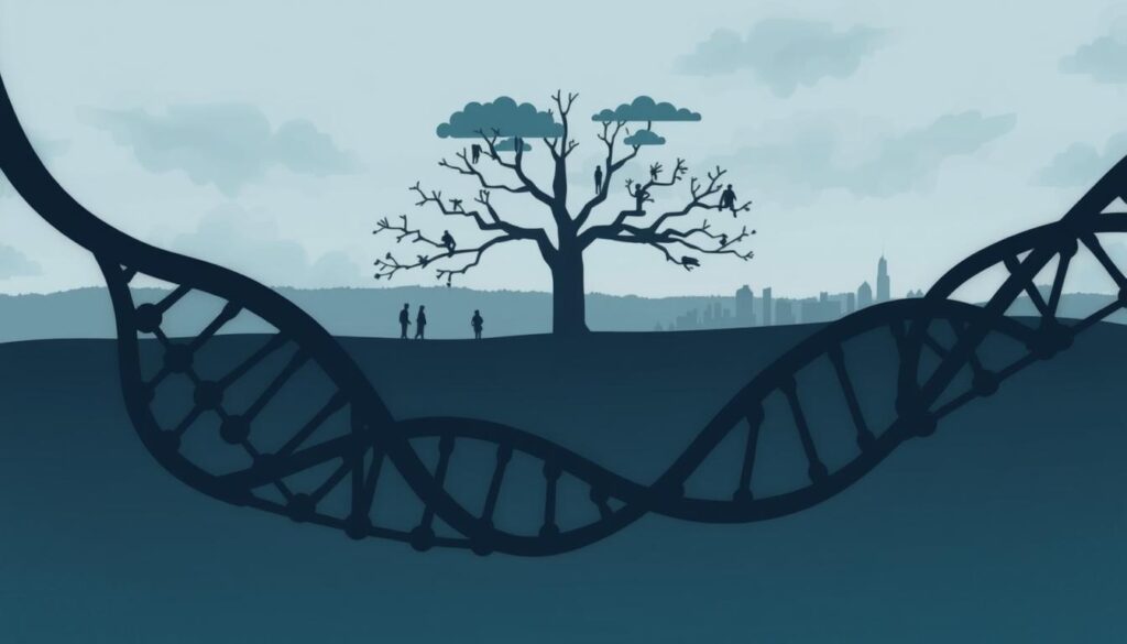 A conceptual illustration depicting hereditary factors of depression. In the foreground, an abstract representation of DNA strands intertwined with somber human silhouettes, symbolizing genetic links. The middle section features an illustration of a family tree with visual cues indicating mental health, such as dark clouds above certain branches. The background includes a muted landscape, perhaps a shadowy silhouette of a city, evoking a sense of isolation. Soft, diffused lighting creates a contemplative mood, suggesting a mix of struggle and hope. The color palette should consist of cool blues and grays, enhancing the serious tone of the subject while avoiding any harsh or jarring contrasts. The angle should provide a slightly elevated perspective, giving a panoramic view of the intertwined elements. A conceptual illustration depicting hereditary factors of depression. In the foreground, an abstract representation of DNA strands intertwined with somber human silhouettes, symbolizing genetic links. The middle section features an illustration of a family tree with visual cues indicating mental health, such as dark clouds above certain branches. The background includes a muted landscape, perhaps a shadowy silhouette of a city, evoking a sense of isolation. Soft, diffused lighting creates a contemplative mood, suggesting a mix of struggle and hope. The color palette should consist of cool blues and grays, enhancing the serious tone of the subject while avoiding any harsh or jarring contrasts. The angle should provide a slightly elevated perspective, giving a panoramic view of the intertwined elements.