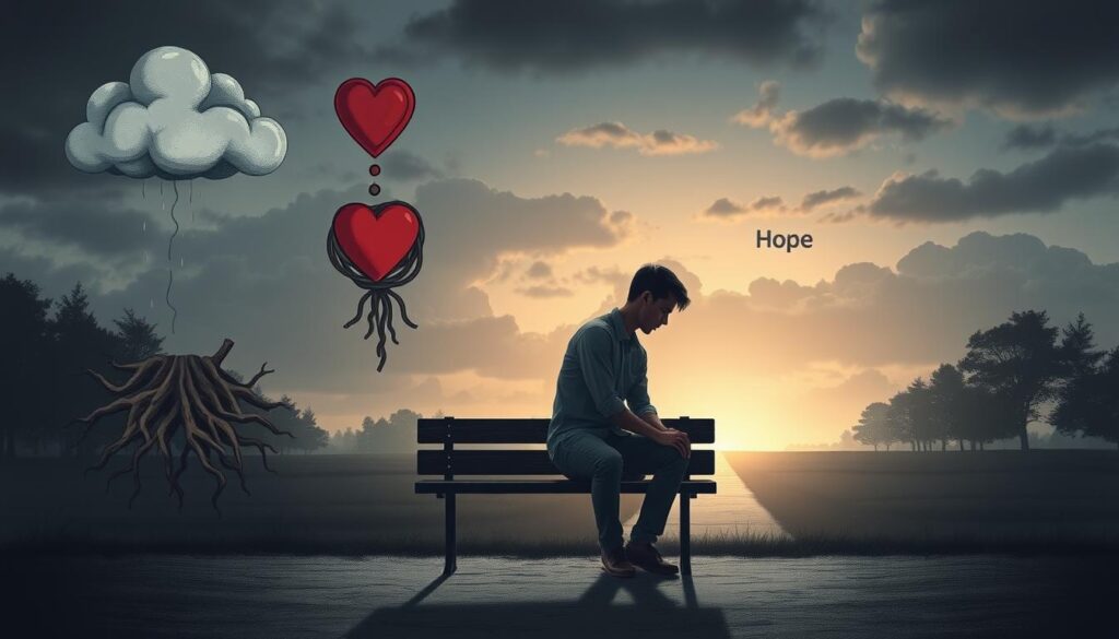 A conceptual illustration depicting the causes of depression. In the foreground, a figure sitting on a bench, dressed in modest casual clothing, looking contemplative and introspective. Around the figure, various symbolic elements representing causes of depression: a cloudy sky, a heavy heart symbol, and tangled roots emerging from the ground, suggesting entrapment. In the middle ground, a path leading to a brighter horizon symbolizes hope and recovery, with soft light breaking through the clouds. In the background, silhouette trees against a gradient sky transitioning from dark to light, illustrating the transformation from despair to optimism. The lighting is soft and diffused, conveying a somber yet hopeful atmosphere. The overall mood reflects the complexity of depression, blending darkness with emerging light. A conceptual illustration depicting the causes of depression. In the foreground, a figure sitting on a bench, dressed in modest casual clothing, looking contemplative and introspective. Around the figure, various symbolic elements representing causes of depression: a cloudy sky, a heavy heart symbol, and tangled roots emerging from the ground, suggesting entrapment. In the middle ground, a path leading to a brighter horizon symbolizes hope and recovery, with soft light breaking through the clouds. In the background, silhouette trees against a gradient sky transitioning from dark to light, illustrating the transformation from despair to optimism. The lighting is soft and diffused, conveying a somber yet hopeful atmosphere. The overall mood reflects the complexity of depression, blending darkness with emerging light.