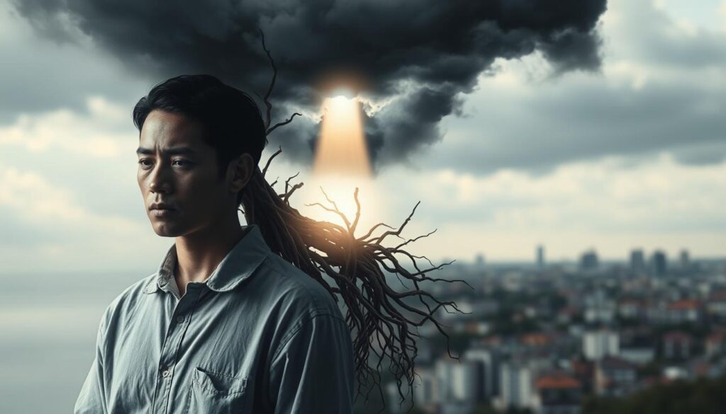 A conceptual representation of the causes of psychotic depression, featuring a split composition. In the foreground, display an abstract human figure, dressed in modest casual clothing, with a serene yet troubled expression, symbolizing internal struggles. In the middle ground, depict tangled roots and dark clouds, representing emotional turmoil and confusion, intertwined with bright beams of light emerging sporadically, symbolizing hope and healing. In the background, show a blurred landscape of a cityscape under overcast skies, evoking feelings of isolation and despair. The lighting should be moody and atmospheric, with an emphasis on contrasting shadows and light, capturing a sense of depth and complexity. Use a soft focus lens effect for a dreamlike quality, enhancing the emotional impact of the image.