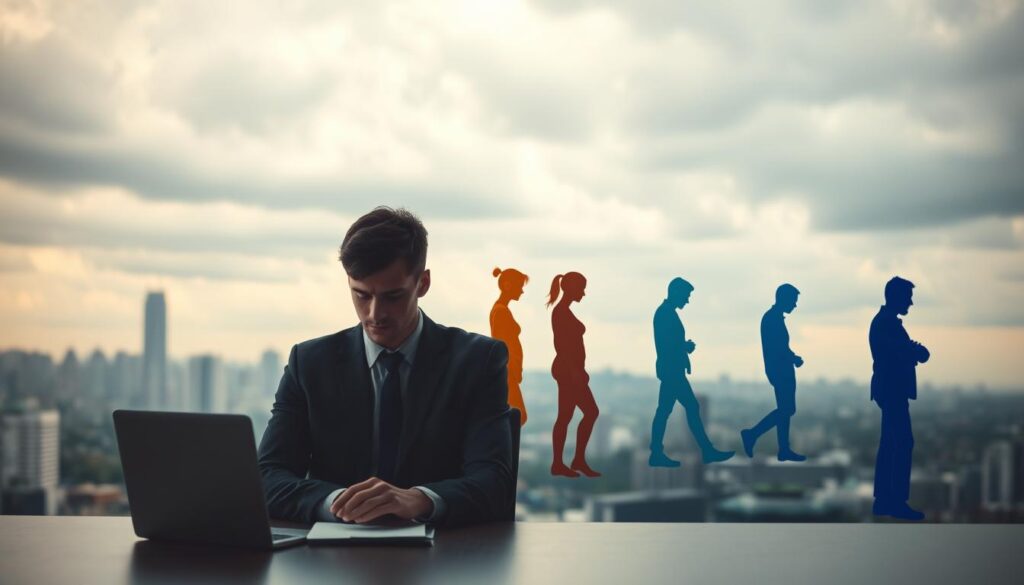 A conceptual representation of various types of depression, featuring a split scene. In the foreground, a figure in professional attire sits at a desk, visibly contemplative with contrasting expressions depicting sadness and introspection. In the middle ground, a gradient of human silhouettes representing different depression types, such as melancholic, atypical, and seasonal depression, each showing distinct body language and color schemes—muted grays for melancholic, warmer tones for atypical, and cooler blues for seasonal. The background is a soft-focus backdrop of a cityscape under a cloudy sky, enhancing the mood of isolation and introspection. Soft, diffused lighting illuminates the scene, creating an atmosphere of quiet reflection and emotional depth, captured from a slightly elevated angle to draw focus to the figures and their expressions.