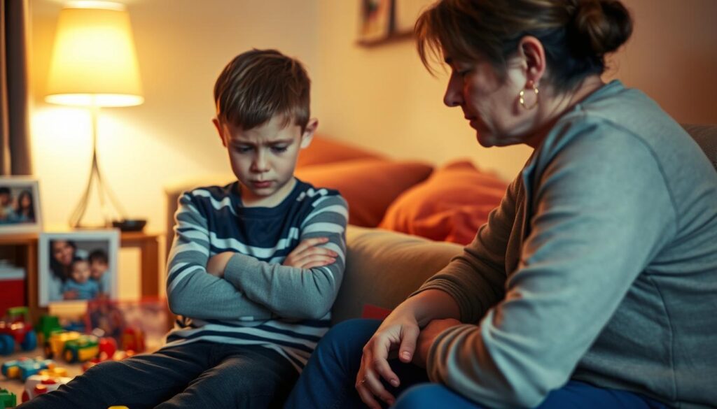 A concerned parent sits beside a child in a cozy, softly lit room, displaying signs of depression. The child, a young boy around 8 years old, has a downcast expression, his body language closed, with crossed arms and a slumped posture, surrounded by scattered toys that remain untouched. In the background, warm hues from a lamp create a gentle ambiance, contrasting with the somber mood. On a nearby table, a blurred family photo captures happier times, symbolizing loss of joy. The foreground captures the parent's compassionate gaze, dressed in modest, casual clothing, representing support and understanding. The angle emphasizes the emotional connection between them, conveying a poignant atmosphere of care and concern. The lighting is soft, enhancing the mood without any harsh shadows.