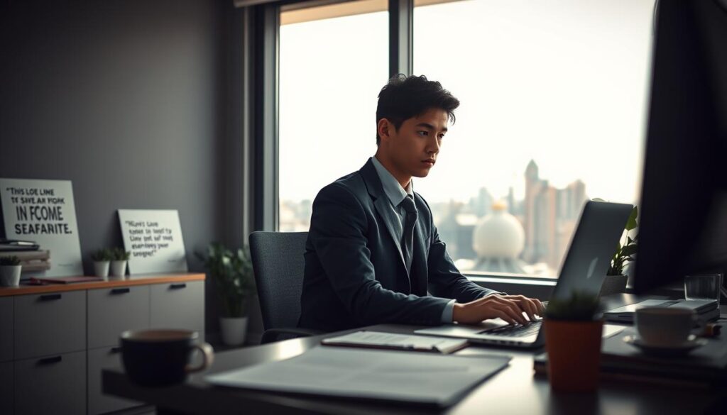 A contemplative individual in a modern workspace, showcasing signs of high-functioning depression. The foreground features a young adult, dressed in professional business attire, sitting at a desk with a laptop, gazing out of a large window with a distant, pensive expression. Their posture is slightly slumped, conveying an inner struggle despite a polished exterior. In the middle ground, a cluttered desk with motivational quotes and plants symbolizes the pressure to maintain appearances. The background reveals a vibrant cityscape through the window, contrasting the individual’s subdued mood, with dramatic natural light casting soft shadows, enhancing the emotional tone. The atmosphere is introspective and poignant, capturing the hidden depths of high-functioning depression.