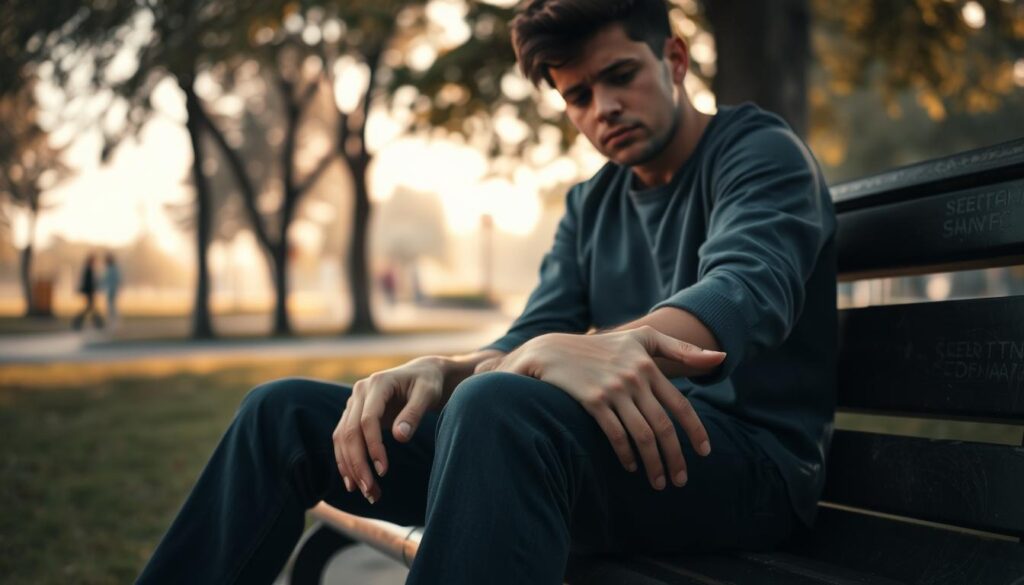A contemplative individual sitting on a park bench, wearing modest casual clothing, displaying a subtle expression of distress. The foreground features their hands resting on their knees, slightly tense, conveying anxiety. In the middle ground, a blurred view of the park under soft, diffused lighting captures the essence of a serene yet melancholic environment, with muted colors and gentle shadows. The background includes softly swaying trees and distant figures walking, representing the disconnection often felt during depressive episodes. The scene is bathed in the warm glow of golden hour, creating a contrast between inner turmoil and outer tranquility, evoking an atmosphere of solitude and introspection. The composition is shot from a low angle, emphasizing the subject's vulnerability while maintaining decorum.
