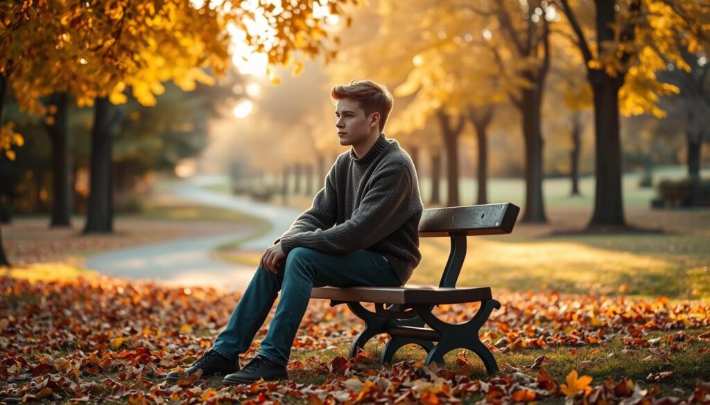 A contemplative scene depicting a young adult sitting alone on a park bench, surrounded by autumn leaves gently falling to the ground. The person, dressed in a cozy sweater and jeans, gazes thoughtfully into the distance, conveying a sense of introspection and melancholy. The foreground features the individual contrasting with the vibrant and colorful foliage of autumn trees. In the middle ground, a softly blurred path winds through the park, inviting viewers to reflect on the passage of time and the journey of healing. In the background, warm sunlight filters through the branches, casting a golden glow that adds a sense of hope and warmth to the atmosphere. The overall mood is gentle and reflective, emphasizing the theme of duration in depression. A contemplative scene depicting a young adult sitting alone on a park bench, surrounded by autumn leaves gently falling to the ground. The person, dressed in a cozy sweater and jeans, gazes thoughtfully into the distance, conveying a sense of introspection and melancholy. The foreground features the individual contrasting with the vibrant and colorful foliage of autumn trees. In the middle ground, a softly blurred path winds through the park, inviting viewers to reflect on the passage of time and the journey of healing. In the background, warm sunlight filters through the branches, casting a golden glow that adds a sense of hope and warmth to the atmosphere. The overall mood is gentle and reflective, emphasizing the theme of duration in depression.
