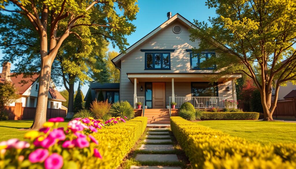 A cozy and modern residential home reflecting the current residence of Małgorzata Ostrowska, set in a serene suburban environment. In the foreground, a well-groomed garden with vibrant flowers and neatly trimmed hedges leads up to the front door. The middle layer features the house itself, showcasing a stylish facade with large windows and a welcoming porch. In the background, tall trees provide shade, while a clear blue sky suggests a sunny day. The atmosphere is warm and inviting, capturing a sense of tranquility and charm. The lighting is soft, highlighting the details of the home. The shot is taken from a slight angle, offering depth and perspective to the overall composition. A cozy and modern residential home reflecting the current residence of Małgorzata Ostrowska, set in a serene suburban environment. In the foreground, a well-groomed garden with vibrant flowers and neatly trimmed hedges leads up to the front door. The middle layer features the house itself, showcasing a stylish facade with large windows and a welcoming porch. In the background, tall trees provide shade, while a clear blue sky suggests a sunny day. The atmosphere is warm and inviting, capturing a sense of tranquility and charm. The lighting is soft, highlighting the details of the home. The shot is taken from a slight angle, offering depth and perspective to the overall composition.