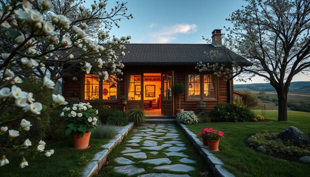 A cozy, inviting home of a famous artist, featuring a charming wooden house surrounded by a lush garden with blossoming flowers and trees. The foreground highlights a stone pathway leading to the entrance, flanked by potted plants. In the middle, the artist's living space is visible through large windows, showcasing warm lighting that spills out, creating an intimate ambiance. In the background, gentle rolling hills under a bright blue sky suggest a serene, rural setting. The scene captures a peaceful and inspiring atmosphere, reflecting the essence of the artist's life. The image should be shot from a slightly elevated angle, giving a comprehensive view of the property while maintaining a realistic perspective, emphasizing the warmth and tranquility of the artist's home environment. A cozy, inviting home of a famous artist, featuring a charming wooden house surrounded by a lush garden with blossoming flowers and trees. The foreground highlights a stone pathway leading to the entrance, flanked by potted plants. In the middle, the artist's living space is visible through large windows, showcasing warm lighting that spills out, creating an intimate ambiance. In the background, gentle rolling hills under a bright blue sky suggest a serene, rural setting. The scene captures a peaceful and inspiring atmosphere, reflecting the essence of the artist's life. The image should be shot from a slightly elevated angle, giving a comprehensive view of the property while maintaining a realistic perspective, emphasizing the warmth and tranquility of the artist's home environment.