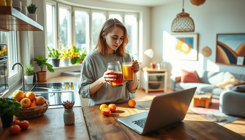 A cozy, inviting kitchen featuring Lenka, a young influencer in her mid-20s, dressed in comfortable yet stylish casual attire. She is engaged in preparing a colorful smoothie in a bright, sunlit space, surrounded by fresh fruits and vibrant plants on the windowsill. The foreground highlights her focused expression as she blends ingredients. In the middle, a rustic wooden dining table adorned with a small vase of flowers and a laptop is visible, suggesting a blend of work and home life. The background shows a tastefully decorated living room with soft pastels and contemporary art, enhancing the warm, energetic atmosphere. The lighting is natural, streaming in from large windows, casting gentle shadows, creating a lively yet serene mood.