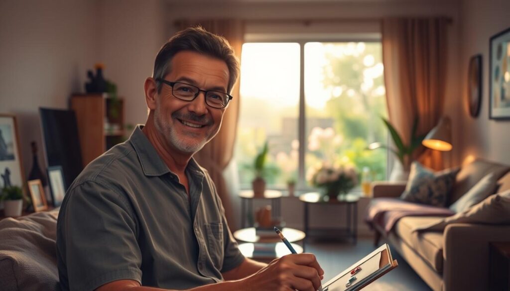 A cozy living room scene representing Henio's life after the show. In the foreground, a middle-aged man in modest casual clothing, with an inviting smile, is engaged in a hobby, such as painting or reading. In the middle ground, a warm and inviting décor featuring soft ambient lighting, modern furniture, and personal mementos that reflect his journey. The background shows a window with a view of a tranquil garden, complete with blooming flowers and greenery, suggesting a peaceful atmosphere. The sunlight gently filters through the window, casting a soft glow across the room, creating a sense of comfort and happiness. The overall mood is uplifting, portraying a fulfilling and serene post-show life. A cozy living room scene representing Henio's life after the show. In the foreground, a middle-aged man in modest casual clothing, with an inviting smile, is engaged in a hobby, such as painting or reading. In the middle ground, a warm and inviting décor featuring soft ambient lighting, modern furniture, and personal mementos that reflect his journey. The background shows a window with a view of a tranquil garden, complete with blooming flowers and greenery, suggesting a peaceful atmosphere. The sunlight gently filters through the window, casting a soft glow across the room, creating a sense of comfort and happiness. The overall mood is uplifting, portraying a fulfilling and serene post-show life.