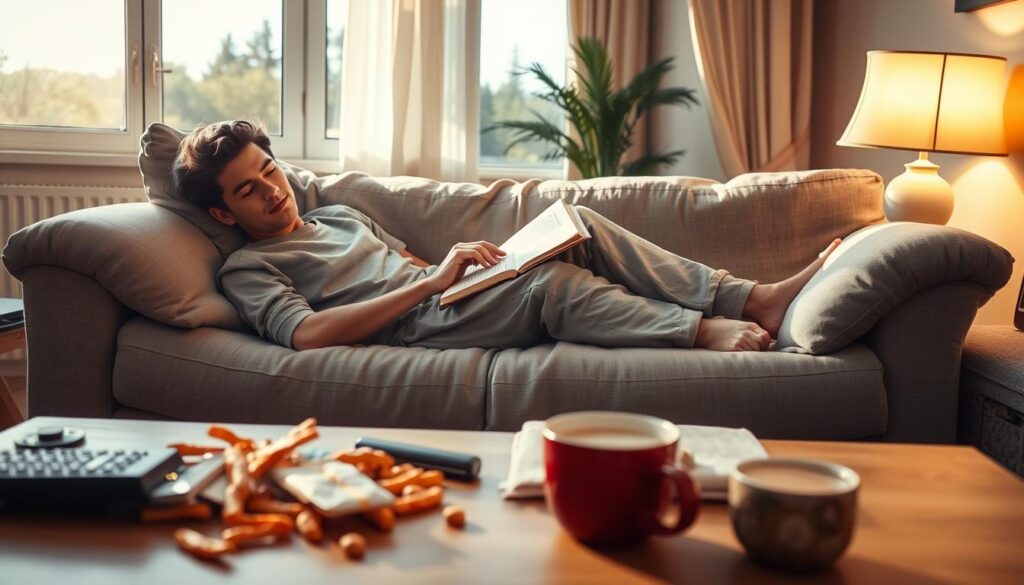 A cozy living room scene that captures the essence of laziness. In the foreground, a person dressed in comfortable, modest casual clothing lies on a plush sofa, appearing relaxed and unmotivated, with a book unopened on their lap. The middle ground features a scattered assortment of snacks, a remote control, and a partially used coffee cup, emphasizing a lack of activity. The background includes a softly glowing lamp casting warm light throughout the room, with a large window revealing a sunny day outside, enhancing the contrast between the vibrant outdoor energy and the stillness inside. The atmosphere is serene yet slightly melancholic, inviting viewers to reflect on the nature of laziness. A cozy living room scene that captures the essence of laziness. In the foreground, a person dressed in comfortable, modest casual clothing lies on a plush sofa, appearing relaxed and unmotivated, with a book unopened on their lap. The middle ground features a scattered assortment of snacks, a remote control, and a partially used coffee cup, emphasizing a lack of activity. The background includes a softly glowing lamp casting warm light throughout the room, with a large window revealing a sunny day outside, enhancing the contrast between the vibrant outdoor energy and the stillness inside. The atmosphere is serene yet slightly melancholic, inviting viewers to reflect on the nature of laziness.
