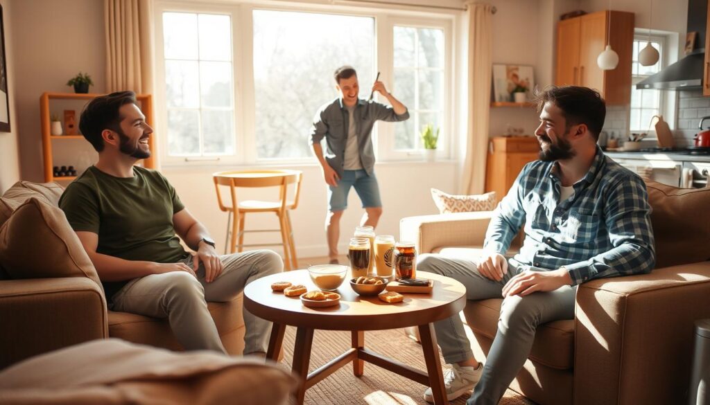 A cozy living room setting with three male roommates interacting in a friendly atmosphere. In the foreground, two of the roommates are seated on a comfortable sofa, one engaged in conversation and the other laughing, both wearing casual but tidy clothing. In the middle, a round coffee table is scattered with snacks and drinks, adding to the relaxed vibe. The third roommate stands in the background by the kitchen counter, playfully holding a cooking utensil. Soft, warm lighting creates an inviting ambiance, while large windows let in natural light, suggesting a bright afternoon. The color palette consists of warm tones, emphasizing a homely and cheerful atmosphere. Overall, the scene captures the essence of camaraderie and the importance of friendship in daily life. A cozy living room setting with three male roommates interacting in a friendly atmosphere. In the foreground, two of the roommates are seated on a comfortable sofa, one engaged in conversation and the other laughing, both wearing casual but tidy clothing. In the middle, a round coffee table is scattered with snacks and drinks, adding to the relaxed vibe. The third roommate stands in the background by the kitchen counter, playfully holding a cooking utensil. Soft, warm lighting creates an inviting ambiance, while large windows let in natural light, suggesting a bright afternoon. The color palette consists of warm tones, emphasizing a homely and cheerful atmosphere. Overall, the scene captures the essence of camaraderie and the importance of friendship in daily life.