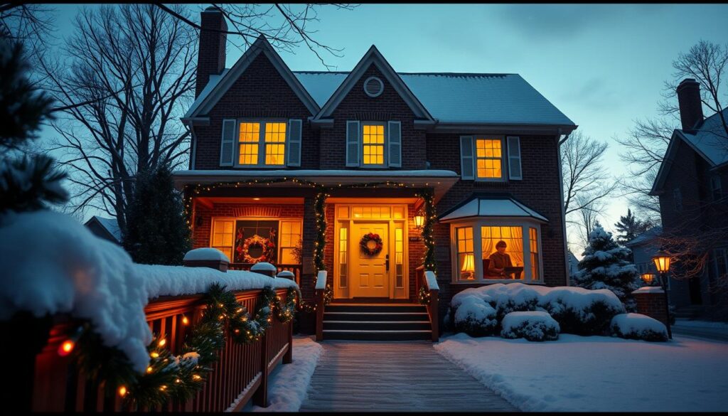 A cozy, snow-covered suburban home inspired by the iconic house from "Home Alone," with warm yellow lights glowing from the windows, hinting at a festive ambiance. In the foreground, a wooden porch decorated with green pine garlands and colorful Christmas lights, leading up to an inviting front door. The middle ground features the two-story brick façade of the house, complete with a charming, steep roof and large windows framed by white shutters. In the background, gently falling snowflakes create a magical wintery atmosphere under a twilight sky. The scene embodies nostalgia and holiday spirit, capturing the essence of warmth and family in a memorable film setting, with long shadows cast by soft, golden ambient lighting.
