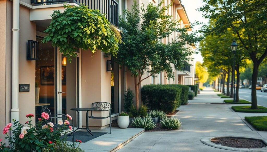A cozy suburban apartment in a quiet neighborhood, featuring a modern, stylish balcony and lush green plants adorning the entrance. In the foreground, an inviting outdoor seating area with a small table and chairs, surrounded by blooming flowers. The middle ground showcases the elegant facade of the building, characterized by large windows and soft beige walls. The background reveals a serene street with tree-lined sidewalks, bathed in warm afternoon sunlight. Capture the image from a slightly elevated angle to provide a wide view of the surroundings, evoking a peaceful and homely atmosphere. Ensure the lighting highlights the vibrancy of the plants and the charm of the architecture, creating a perfect representation of Iwona Wieczorek's residence.