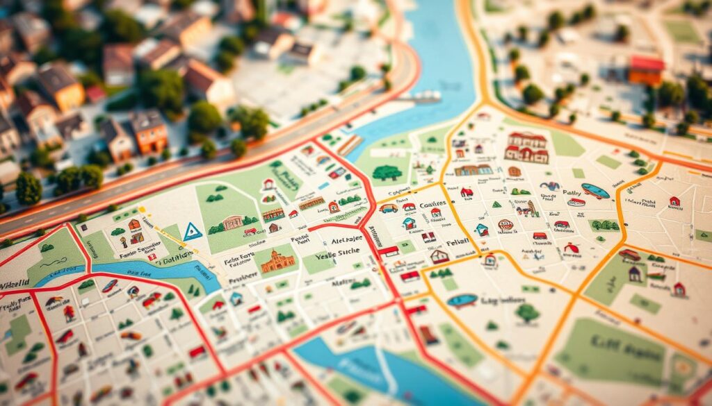 A detailed street map of Palion, showcasing the intricate network of roads, pathways, and notable landmarks. In the foreground, highlight a section of the map with vibrant colors and clear labels of streets. The middle ground features illustrated icons representing local attractions such as parks, cafes, and historical sites, giving a sense of character to the area. In the background, soft, blurred city elements like residential buildings and trees create a sense of depth, suggesting the urban environment of Palion. The lighting is warm and inviting, evoking a cozy atmosphere. Use a top-down angle to capture the layout clearly, while maintaining a clean, professional look, ensuring no text or symbols disrupt the map's visual clarity.