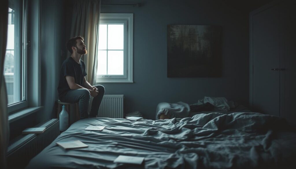 A dimly lit room with soft, melancholic lighting creates an intimate atmosphere, emphasizing the theme of depression. In the foreground, a person sitting on the edge of a bed, wearing modest casual clothing, gazes thoughtfully out of a window, conveying a sense of introspection and emotional struggle. The middle ground features disheveled personal items, such as scattered books and an unkempt blanket, hinting at the chaos often associated with depression. In the background, a darkened wall adorned with a faint, abstract painting that subtly represents inner turmoil. The overall mood should evoke a sense of vulnerability and contemplation, capturing the first steps in recognizing and combating depression. The image should also have a soft focus, enhancing the emotional depth without sharp distractions.