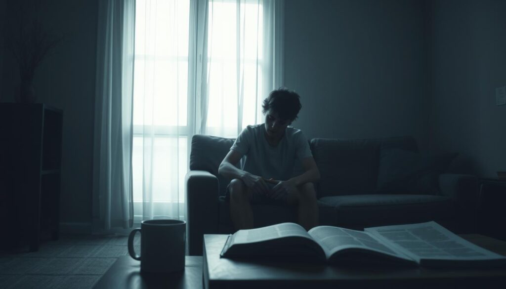 A dimly lit room with soft, muted colors to convey a sense of melancholy. In the foreground, a person sitting on a couch, dressed in modest casual clothing, with a pensive, distant expression, illustrating the mental burden of depression. Their posture is slumped, hands resting on their knees, symbolizing emotional weight. In the middle ground, scattered objects like an untouched cup of coffee and an open book lie on a table, representing neglect and loss of interest. The background features a window with gentle, gray light filtering in, casting elongated shadows, enhancing the somber mood. The overall atmosphere is heavy and introspective, capturing both the psychological and physical symptoms of depression. A dimly lit room with soft, muted colors to convey a sense of melancholy. In the foreground, a person sitting on a couch, dressed in modest casual clothing, with a pensive, distant expression, illustrating the mental burden of depression. Their posture is slumped, hands resting on their knees, symbolizing emotional weight. In the middle ground, scattered objects like an untouched cup of coffee and an open book lie on a table, representing neglect and loss of interest. The background features a window with gentle, gray light filtering in, casting elongated shadows, enhancing the somber mood. The overall atmosphere is heavy and introspective, capturing both the psychological and physical symptoms of depression.