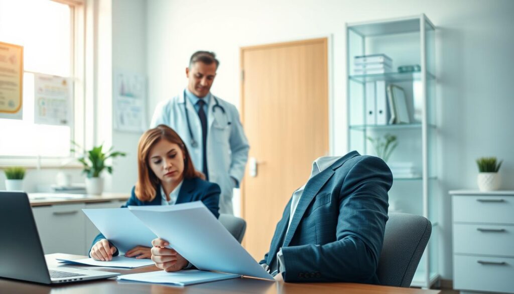 A focused scene depicting a medical examination preparation for a ZUS committee meeting. In the foreground, a patient in professional business attire sits at a desk, reviewing documents and taking notes with a thoughtful expression. The middle ground features a medical professional, dressed in a lab coat, discussing important points regarding the upcoming assessment. In the background, a well-organized, bright doctor's office with medical charts, a stethoscope, and calming decor creates a supportive atmosphere. Soft, natural lighting illuminates the space, adding to a calm and serious mood. The composition is shot from a slightly elevated angle to capture both individuals and the environment effectively, emphasizing the significance of preparation and professionalism in this context. A focused scene depicting a medical examination preparation for a ZUS committee meeting. In the foreground, a patient in professional business attire sits at a desk, reviewing documents and taking notes with a thoughtful expression. The middle ground features a medical professional, dressed in a lab coat, discussing important points regarding the upcoming assessment. In the background, a well-organized, bright doctor's office with medical charts, a stethoscope, and calming decor creates a supportive atmosphere. Soft, natural lighting illuminates the space, adding to a calm and serious mood. The composition is shot from a slightly elevated angle to capture both individuals and the environment effectively, emphasizing the significance of preparation and professionalism in this context.