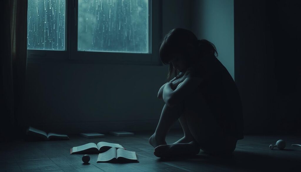 A melancholic teenage girl sitting alone in a dimly lit room, her face partially obscured by a shadow, reflecting feelings of sadness and isolation. In the foreground, she gazes out of a rain-streaked window, hugging her knees to her chest. In the middle ground, faint outlines of scattered books and abandoned toys suggest neglect and lost interests. The background features muted colors with soft, diffused lighting that creates a somber atmosphere, emphasizing the emotional weight of her surroundings. The composition should capture the essence of despair yet retain a sense of quiet contemplation, highlighting the struggle of depression in youth. The image is devoid of any text or additional elements. A melancholic teenage girl sitting alone in a dimly lit room, her face partially obscured by a shadow, reflecting feelings of sadness and isolation. In the foreground, she gazes out of a rain-streaked window, hugging her knees to her chest. In the middle ground, faint outlines of scattered books and abandoned toys suggest neglect and lost interests. The background features muted colors with soft, diffused lighting that creates a somber atmosphere, emphasizing the emotional weight of her surroundings. The composition should capture the essence of despair yet retain a sense of quiet contemplation, highlighting the struggle of depression in youth. The image is devoid of any text or additional elements.