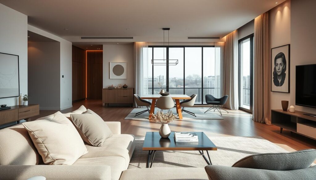 A modern and stylish apartment interior inspired by Kuba Błaszczykowski's lifestyle, showcasing an elegant living space with contemporary furniture. In the foreground, a cozy sofa with plush cushions and a stylish coffee table adorned with minimalist decor. In the middle background, large windows allow natural light to flood the room, revealing a sleek dining area with a wooden table and designer chairs. The walls are adorned with minimalist art pieces, creating a sophisticated ambiance. The lighting is warm and inviting, evoking a sense of comfort and luxury. Soft textures and a neutral color palette dominate the scene, emphasizing a modern, clean aesthetic that reflects the lifestyle of a successful athlete. The atmosphere is serene, perfect for relaxation after a busy day.