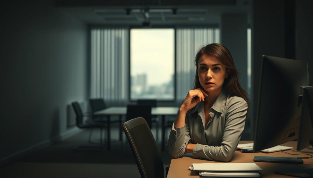 A modern office environment with a muted color palette to evoke feelings of melancholy. In the foreground, a young professional woman in business attire sits at her desk, her posture suggesting a sense of overwhelm as she gazes at her computer screen, her expression thoughtful and pensive. In the middle ground, a slightly blurred view of an empty meeting room, emphasizing isolation, with dim lighting casting long shadows on the walls. In the background, a large window allows soft, cloudy daylight to seep through, creating a somber atmosphere. The overall mood is one of introspection and subtle tension, capturing the complex relationship between depression and work. The image should be shot with a shallow depth of field to focus on the woman, using a soft, diffused lighting effect for a gentle, melancholic vibe.