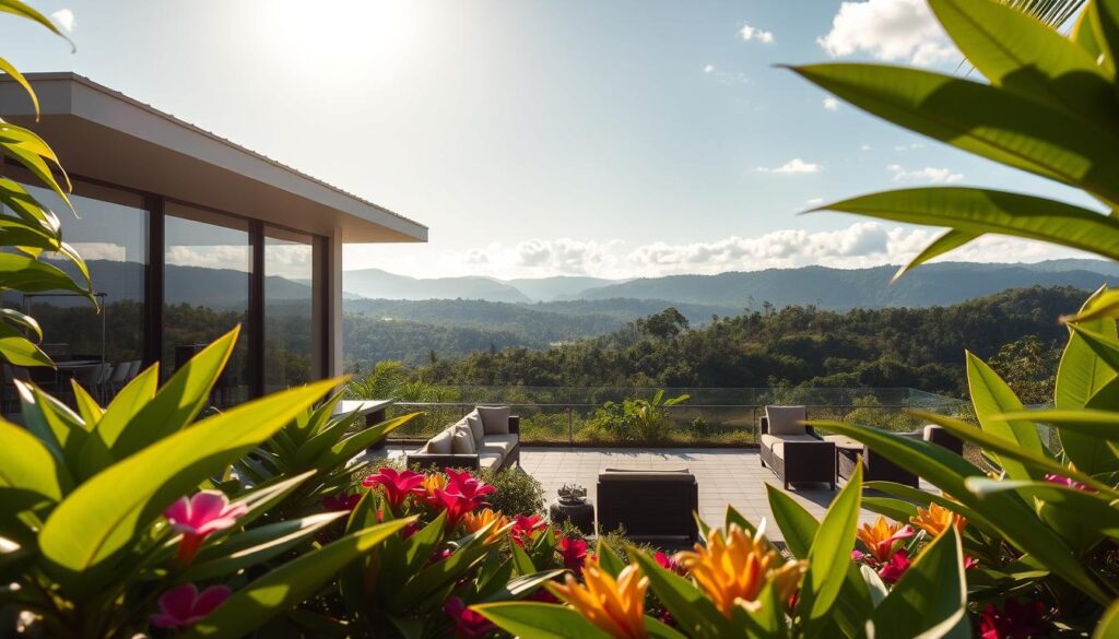 A modern, sophisticated house set in lush Costa Rican surroundings, showcasing large glass windows that reflect the greenery, blending seamlessly with nature. In the foreground, vibrant tropical plants and colorful flowers frame the scene, providing a lively contrast to the sleek architecture. The middle ground features the inviting patio with stylish outdoor furniture, perfect for relaxation. In the background, rolling hills and dense forests extend into the horizon under a bright, sunny sky, evoking a sense of peace and tranquility. The lighting is warm and soft, suggesting a late afternoon ambiance that enhances the serenity of this beautiful location. The overall mood is inviting and harmonious, perfect for illustrating a luxurious yet comfortable lifestyle. A modern, sophisticated house set in lush Costa Rican surroundings, showcasing large glass windows that reflect the greenery, blending seamlessly with nature. In the foreground, vibrant tropical plants and colorful flowers frame the scene, providing a lively contrast to the sleek architecture. The middle ground features the inviting patio with stylish outdoor furniture, perfect for relaxation. In the background, rolling hills and dense forests extend into the horizon under a bright, sunny sky, evoking a sense of peace and tranquility. The lighting is warm and soft, suggesting a late afternoon ambiance that enhances the serenity of this beautiful location. The overall mood is inviting and harmonious, perfect for illustrating a luxurious yet comfortable lifestyle.