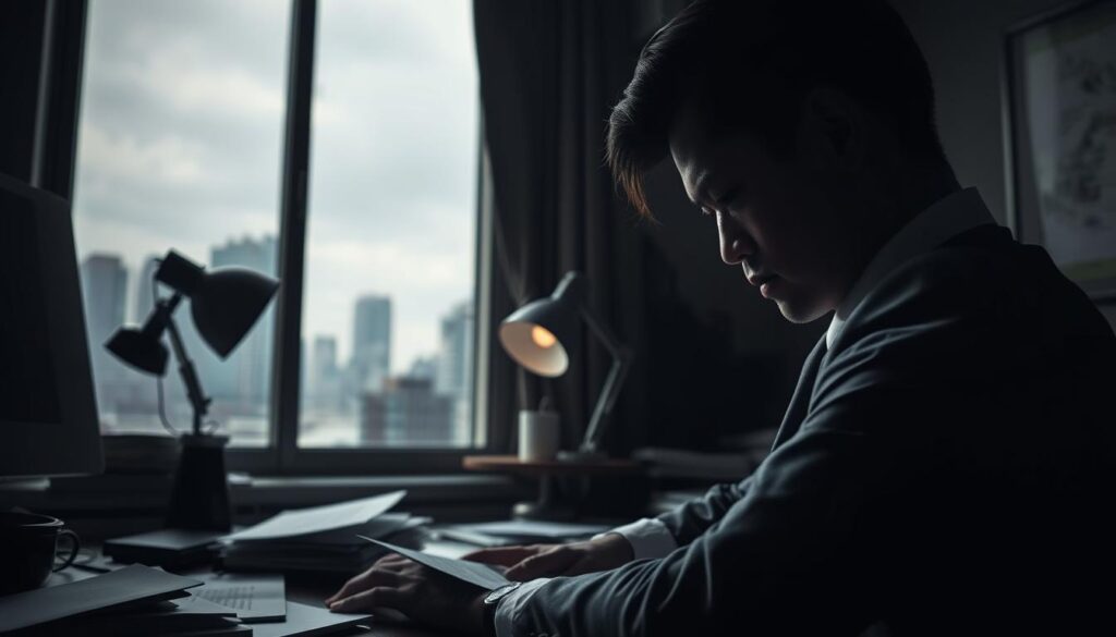 A moody, introspective scene depicting atypical depression. In the foreground, a figure in professional business attire sits at a desk, their face partially obscured in shadow, with eyes conveying a sense of deep contemplation and sadness. A cluttered workspace with disorganized papers and an unlit desk lamp accentuates their internal chaos. In the middle ground, a window reveals a gray, overcast sky, suggesting a feeling of gloom and isolation, while soft raindrops trickle down its glass. In the background, blurred silhouettes of urban buildings loom, contributing to the atmosphere of overwhelming pressure. The lighting is dim and melancholic, with a subtle spotlight on the figure, creating a sense of solitude. The overall feeling should evoke empathy and raise awareness of the often-ignored signs of this condition. A moody, introspective scene depicting atypical depression. In the foreground, a figure in professional business attire sits at a desk, their face partially obscured in shadow, with eyes conveying a sense of deep contemplation and sadness. A cluttered workspace with disorganized papers and an unlit desk lamp accentuates their internal chaos. In the middle ground, a window reveals a gray, overcast sky, suggesting a feeling of gloom and isolation, while soft raindrops trickle down its glass. In the background, blurred silhouettes of urban buildings loom, contributing to the atmosphere of overwhelming pressure. The lighting is dim and melancholic, with a subtle spotlight on the figure, creating a sense of solitude. The overall feeling should evoke empathy and raise awareness of the often-ignored signs of this condition.