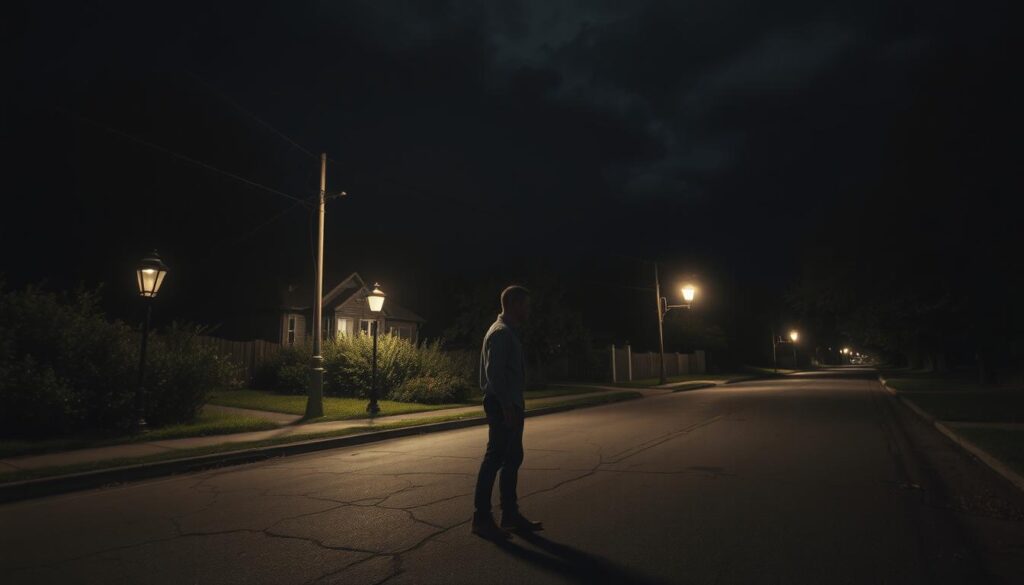 A mysterious night scene depicting a dimly lit street in a quiet neighborhood, featuring an old, unoccupied house that hints at secrets. The foreground includes a shadowy figure, dressed in modest casual clothing, standing near the entrance, looking contemplative. In the middle ground, vintage street lamps cast a soft glow on cracked pavement, surrounded by overgrown bushes and trees, creating an atmosphere of uncertainty. The background features a dark sky with looming clouds, suggesting an impending storm. The overall mood is somber and unsettling, evoking a sense of a missing person mystery. The image should have a slightly blurred depth of field to heighten the sense of intrigue, capturing the viewer's attention towards the shadowy figure and the house while maintaining a sense of unease.