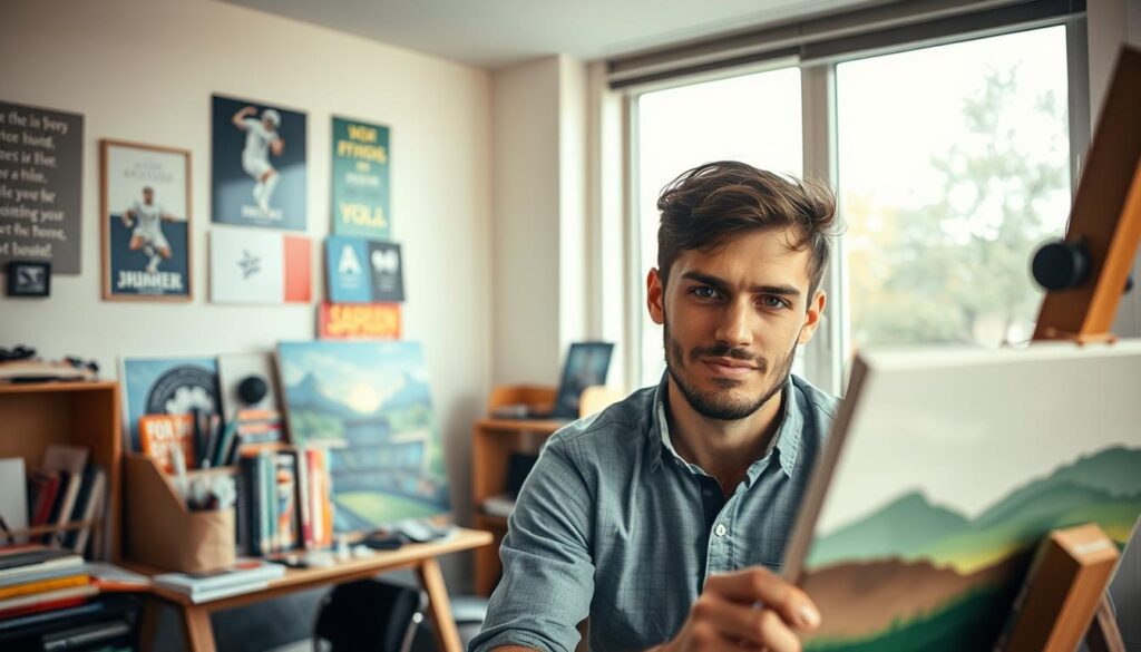 A passionate football player, Nicola Zalewski, is depicted engaging in his interests outside of soccer. In the foreground, Nicola is shown in a cozy workspace, surrounded by art supplies and a canvas, dressed in casual yet professional attire. His expression reflects deep concentration and creativity as he paints a landscape. In the middle ground, a small bookshelf filled with sports memorabilia and inspirational books adds depth, hinting at his diverse passions. The background features a bright room with large windows, allowing soft, natural light to stream in, creating a warm and inviting atmosphere. The angle is slightly above eye level, providing a clear view of both Nicola and his surroundings, capturing his multifaceted life beyond football. A passionate football player, Nicola Zalewski, is depicted engaging in his interests outside of soccer. In the foreground, Nicola is shown in a cozy workspace, surrounded by art supplies and a canvas, dressed in casual yet professional attire. His expression reflects deep concentration and creativity as he paints a landscape. In the middle ground, a small bookshelf filled with sports memorabilia and inspirational books adds depth, hinting at his diverse passions. The background features a bright room with large windows, allowing soft, natural light to stream in, creating a warm and inviting atmosphere. The angle is slightly above eye level, providing a clear view of both Nicola and his surroundings, capturing his multifaceted life beyond football.