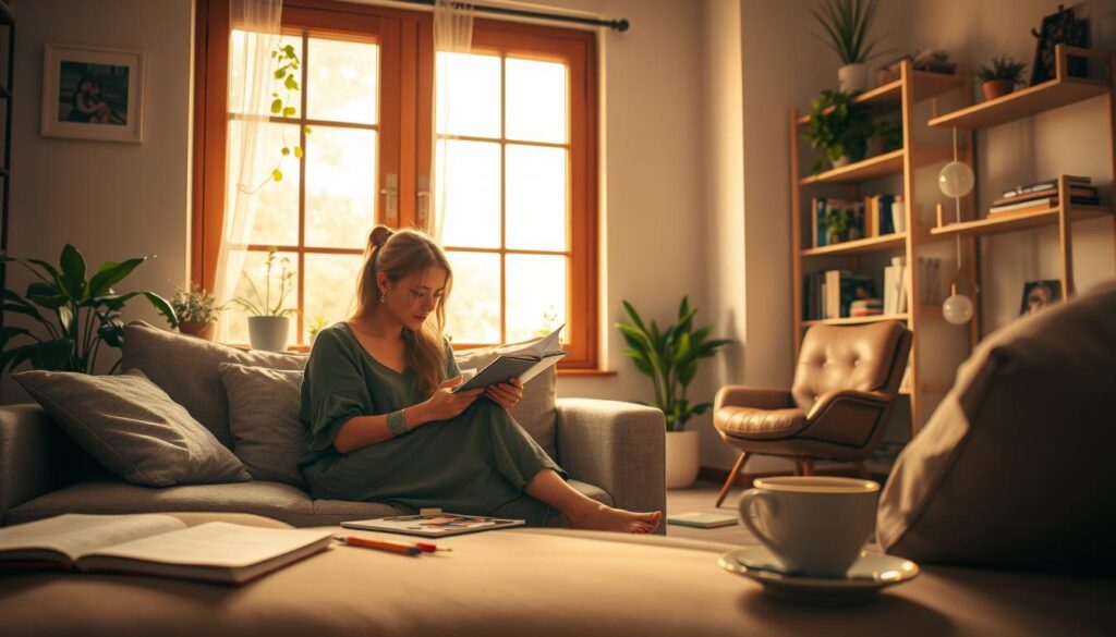 A peaceful living room scene focusing on a modestly dressed individual sitting on a comfortable couch, engaged in a creative activity like painting or journaling. In the foreground, the person is absorbed in their task, with art supplies scattered around. In the middle ground, a warm, inviting window lets in soft, natural light, creating an uplifting atmosphere. Plants and books adorn the shelves, adding to the sense of a vibrant daily life. In the background, a cozy chair and a steaming cup of tea suggest relaxation and comfort. The overall mood is one of calm and engagement, reflecting the importance of everyday activities in combating feelings of depression. The image should convey a supportive environment, emphasizing the benefits of routine and self-expression.
