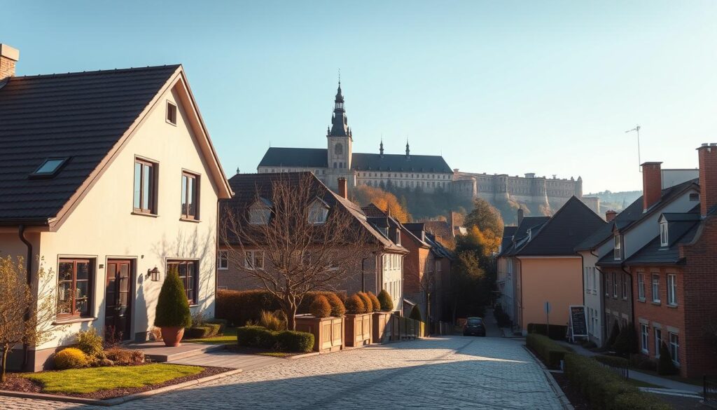 A picturesque view of Kraków, focusing on a charming residential area that reflects the lifestyle of an athlete. In the foreground, a modern but cozy house embodying warmth and success, with a manicured garden and subtle touches of personal style. The middle ground features cobblestone streets lined with historic buildings, blending old-world charm with contemporary elements, hinting at Błaszczykowski's connection to the city. In the background, the iconic Wawel Castle silhouetted against a clear blue sky, casting soft golden sunlight. The scene evokes a sense of tranquility and pride, showcasing Kraków as an essential part of the footballer's life. Use natural lighting to enhance the inviting atmosphere, captured from a slightly elevated angle to convey depth and perspective.