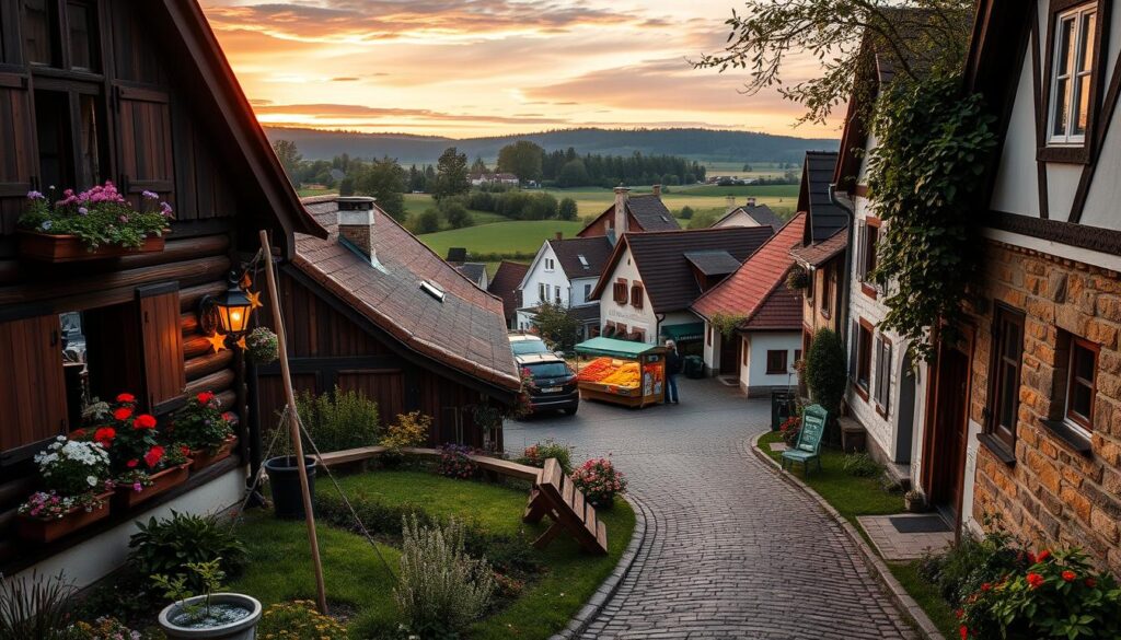 A picturesque view of a charming Polish village representing the Bardowski family's residence. In the foreground, a cozy, traditional wooden house with flower boxes beneath the windows, surrounded by a lush green garden filled with colorful flowers. In the middle, quaint cobblestone streets lead to a small town square where neighbors greet each other warmly. A local market stall displays fresh produce, emphasizing community life. In the background, rolling hills and a sunset sky painted in soft oranges and pinks create a serene atmosphere. The scene is illuminated by warm golden hour lighting, suggesting a peaceful evening. The image captures a sense of belonging and heritage, reflecting the Bardowski family's history and connection to the land. A picturesque view of a charming Polish village representing the Bardowski family's residence. In the foreground, a cozy, traditional wooden house with flower boxes beneath the windows, surrounded by a lush green garden filled with colorful flowers. In the middle, quaint cobblestone streets lead to a small town square where neighbors greet each other warmly. A local market stall displays fresh produce, emphasizing community life. In the background, rolling hills and a sunset sky painted in soft oranges and pinks create a serene atmosphere. The scene is illuminated by warm golden hour lighting, suggesting a peaceful evening. The image captures a sense of belonging and heritage, reflecting the Bardowski family's history and connection to the land.
