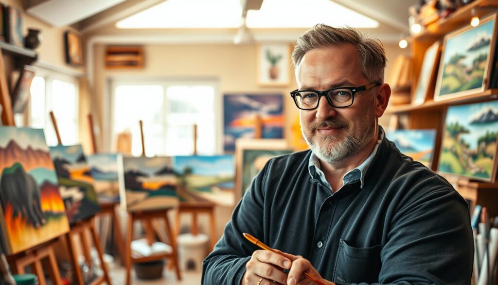 A portrait-style image of Augustyn Pelanowski, a renowned artist, set in a cozy, warmly-lit studio filled with colorful canvases and art supplies. In the foreground, he is depicted in professional attire, engaged in painting, with a focused expression. His build is medium, with short, neatly styled hair and glasses, showcasing his creative spirit. In the middle ground, various artworks on easels and shelves represent his artistic evolution, including abstract and landscape pieces. The background features soft, natural light streaming through large windows, illuminating the space and creating an inviting atmosphere. The overall mood is inspiring and tranquil, reflecting the dedication of an artist at work. A portrait-style image of Augustyn Pelanowski, a renowned artist, set in a cozy, warmly-lit studio filled with colorful canvases and art supplies. In the foreground, he is depicted in professional attire, engaged in painting, with a focused expression. His build is medium, with short, neatly styled hair and glasses, showcasing his creative spirit. In the middle ground, various artworks on easels and shelves represent his artistic evolution, including abstract and landscape pieces. The background features soft, natural light streaming through large windows, illuminating the space and creating an inviting atmosphere. The overall mood is inspiring and tranquil, reflecting the dedication of an artist at work.