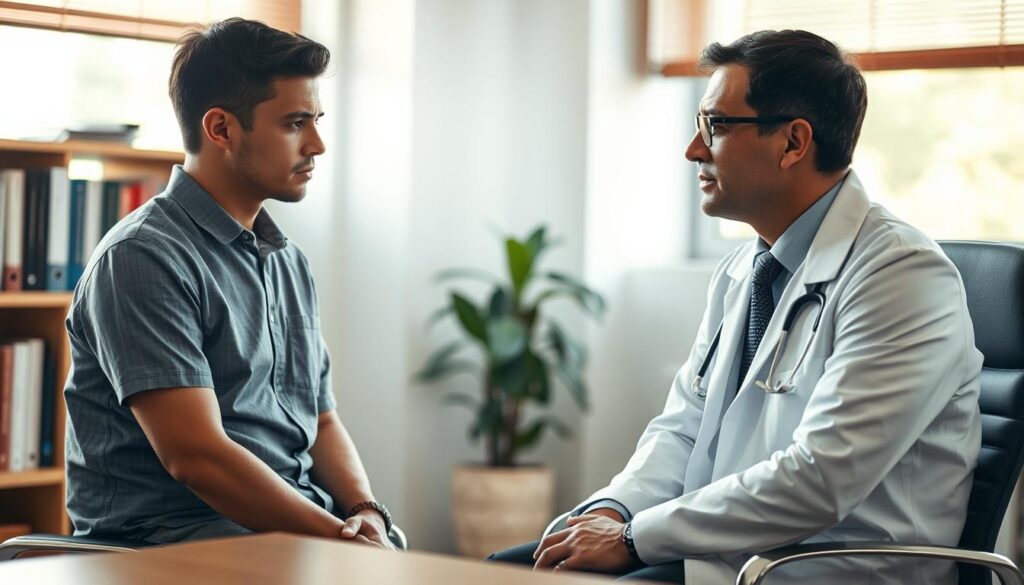 A professional doctor in a modern, well-lit office setting, dressed in a white lab coat, is sitting across from a patient who is in casual but neat clothing. The patient appears contemplative, with a slight frown, reflecting inner turmoil and physical symptoms of depression. The doctor's expression is empathetic, showing concern and understanding. In the background, there's a bookshelf filled with medical books and a calming plant. Soft, warm lighting filters in from a window, creating a serene atmosphere. The focus is on the interaction, emphasizing the importance of diagnosing depression and its physical manifestations, while maintaining a professional and respectful tone throughout the scene.