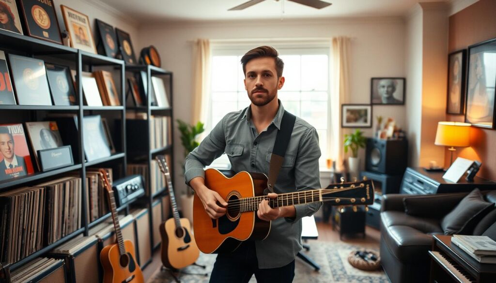 A professional male musician stands confidently in his stylish home studio, surrounded by musical instruments and records. In the foreground, he appears focused and engaged, dressed in smart casual attire, playing an acoustic guitar. In the middle ground, shelves filled with vinyl records and awards reflect his successful music career, while soft natural light filters through a large window, creating a warm and inviting atmosphere. In the background, a glimpse of a cozy living space with artwork and personal mementos hints at his private life. The composition is framed at a slight angle to highlight both the artist’s passion for music and the comfort of his home, evoking a sense of creativity and personal fulfillment. A professional male musician stands confidently in his stylish home studio, surrounded by musical instruments and records. In the foreground, he appears focused and engaged, dressed in smart casual attire, playing an acoustic guitar. In the middle ground, shelves filled with vinyl records and awards reflect his successful music career, while soft natural light filters through a large window, creating a warm and inviting atmosphere. In the background, a glimpse of a cozy living space with artwork and personal mementos hints at his private life. The composition is framed at a slight angle to highlight both the artist’s passion for music and the comfort of his home, evoking a sense of creativity and personal fulfillment.