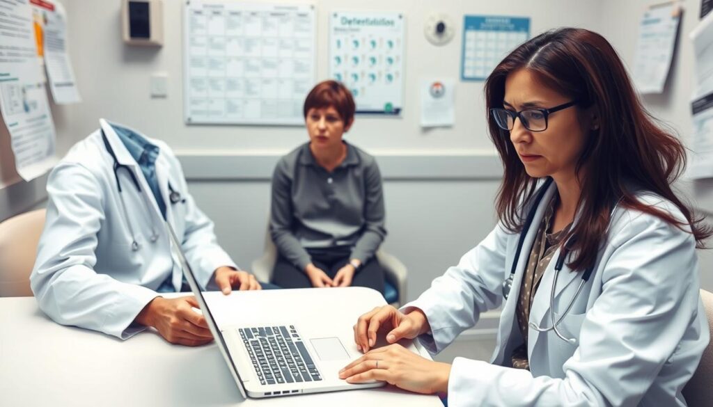 A professional medical examination room set up for a ZUS medical commission focusing on depression. In the foreground, a serious and attentive doctor in a white coat, wearing glasses, is seated at a desk with a laptop open, taking notes. In the middle, a patient in modest casual clothing, looking concerned yet engaged, sits across from the doctor, conveying an atmosphere of sincerity and empathy. The background features medical charts, a calendar on the wall, and soft lighting that creates a calm, reassuring environment. The overall mood is supportive and professional, encouraging open communication about mental health. The angle is slightly elevated, capturing both subjects and the workspace effectively, ensuring no text or symbols are present. A professional medical examination room set up for a ZUS medical commission focusing on depression. In the foreground, a serious and attentive doctor in a white coat, wearing glasses, is seated at a desk with a laptop open, taking notes. In the middle, a patient in modest casual clothing, looking concerned yet engaged, sits across from the doctor, conveying an atmosphere of sincerity and empathy. The background features medical charts, a calendar on the wall, and soft lighting that creates a calm, reassuring environment. The overall mood is supportive and professional, encouraging open communication about mental health. The angle is slightly elevated, capturing both subjects and the workspace effectively, ensuring no text or symbols are present.