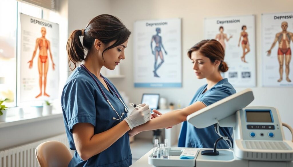 A professional medical office setting, showcasing a close-up view of a blood test being conducted. In the foreground, a nurse in smart scrubs carefully draws blood from a patient’s arm, both looking focused and attentive. The middle ground features an array of medical equipment, such as syringes, vials, and an electronic blood test machine, emphasizing the diagnostic process. The background displays anatomical posters related to depression, softly illuminated by warm, natural light from a nearby window, creating a calm atmosphere. The color palette is soothing with blues and whites, symbolizing a clinical yet compassionate environment. The overall mood conveys professionalism, care, and the importance of blood diagnostics in understanding depression.