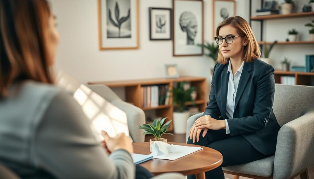 A professional psychologist consulting with a patient in a warm, inviting office setting. The foreground features a middle-aged female therapist in a smart, tailored suit, sitting across from a young adult patient in comfortable clothing. Both are engaged in a serious yet compassionate conversation. The middle of the scene includes a small coffee table with a notepad, tissues, and a calming plant. The background shows calming artwork and shelves with books on mental health. Soft, natural lighting streams in from a window, casting gentle shadows and creating an atmosphere of trust and safety. A shallow depth of field focuses on the interaction, emphasizing the importance of connection in mental health diagnosis.