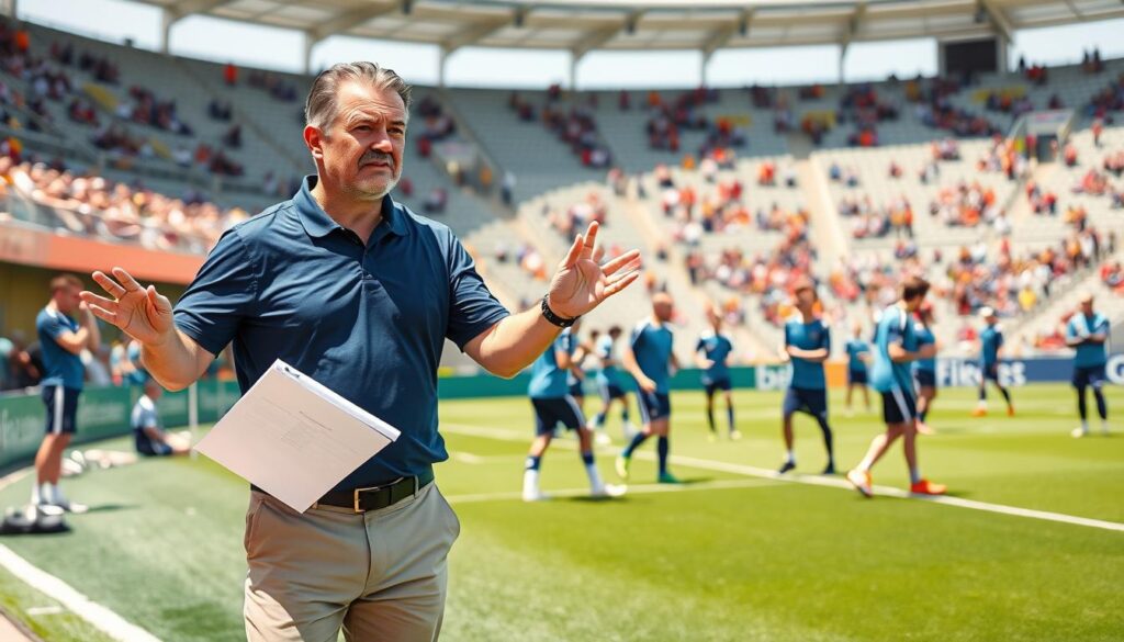 A professional soccer coach, Marek Papszun, is depicted in a dynamic coaching stance on the sidelines of a vibrant football field. In the foreground, Marek, a middle-aged man with a focused expression, wears a smart casual outfit suitable for coaching—navy Blue polo shirt and beige chinos. He is gesturing with a tactical board in his hand, surrounded by young players practicing drills. In the middle ground, the players in their matching team kits exhibit determination as they engage in various training exercises. The background showcases a bright sunny day with cheering fans in the stands, and the green pitch is well-maintained, conveying an atmosphere of excitement and professionalism. The light is natural and bright, highlighting the intensity of the training session. The camera angle is slightly low, showcasing Marek's leadership amidst the action. A professional soccer coach, Marek Papszun, is depicted in a dynamic coaching stance on the sidelines of a vibrant football field. In the foreground, Marek, a middle-aged man with a focused expression, wears a smart casual outfit suitable for coaching—navy Blue polo shirt and beige chinos. He is gesturing with a tactical board in his hand, surrounded by young players practicing drills. In the middle ground, the players in their matching team kits exhibit determination as they engage in various training exercises. The background showcases a bright sunny day with cheering fans in the stands, and the green pitch is well-maintained, conveying an atmosphere of excitement and professionalism. The light is natural and bright, highlighting the intensity of the training session. The camera angle is slightly low, showcasing Marek's leadership amidst the action.