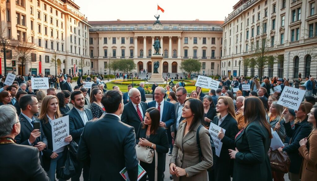 A public square in a modern European city, bustling with diverse people giving their opinions about Jacek Jaśkowiak, the mayor. In the foreground, a group of citizens animatedly discussing, wearing professional business attire and carrying placards advocating for community issues. In the middle ground, a statue or a monument symbolizing civic engagement, surrounded by greenery and benches with engaged onlookers. The background features a large government building, illuminated by soft afternoon sunlight, casting gentle shadows. The atmosphere is dynamic and vibrant, reflecting varying reactions and expressions of interest and curiosity, showcasing the public’s perception of the mayor. Use a wide-angle lens for depth and clarity, emphasizing both the individuals and the surrounding architecture. A public square in a modern European city, bustling with diverse people giving their opinions about Jacek Jaśkowiak, the mayor. In the foreground, a group of citizens animatedly discussing, wearing professional business attire and carrying placards advocating for community issues. In the middle ground, a statue or a monument symbolizing civic engagement, surrounded by greenery and benches with engaged onlookers. The background features a large government building, illuminated by soft afternoon sunlight, casting gentle shadows. The atmosphere is dynamic and vibrant, reflecting varying reactions and expressions of interest and curiosity, showcasing the public’s perception of the mayor. Use a wide-angle lens for depth and clarity, emphasizing both the individuals and the surrounding architecture.