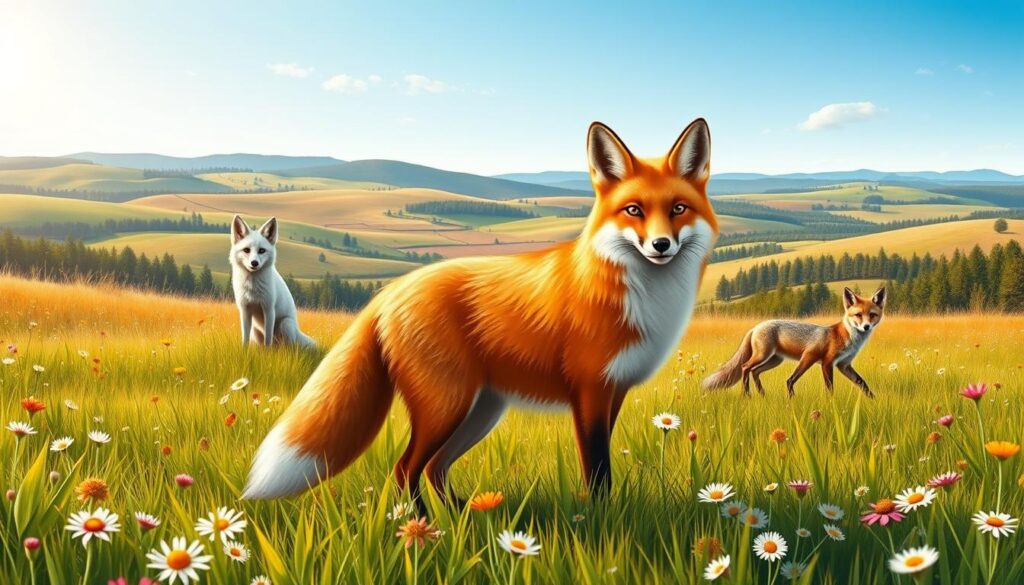 A realistic illustration of various fox species found in Poland, showcasing a red fox with its vibrant orange fur and bushy tail in the foreground, standing in a lush green meadow filled with wildflowers. In the middle ground, include a few more species like the Arctic fox with white fur and the fennec fox with its large ears, each depicted in a natural setting. In the background, depict a picturesque Polish landscape featuring rolling hills and sparse forests under a clear blue sky. Lighting should be warm and inviting, suggesting late afternoon sun casting soft shadows. The mood is serene and wildlife-focused, capturing the beauty of these creatures in their natural habitats. A realistic illustration of various fox species found in Poland, showcasing a red fox with its vibrant orange fur and bushy tail in the foreground, standing in a lush green meadow filled with wildflowers. In the middle ground, include a few more species like the Arctic fox with white fur and the fennec fox with its large ears, each depicted in a natural setting. In the background, depict a picturesque Polish landscape featuring rolling hills and sparse forests under a clear blue sky. Lighting should be warm and inviting, suggesting late afternoon sun casting soft shadows. The mood is serene and wildlife-focused, capturing the beauty of these creatures in their natural habitats.