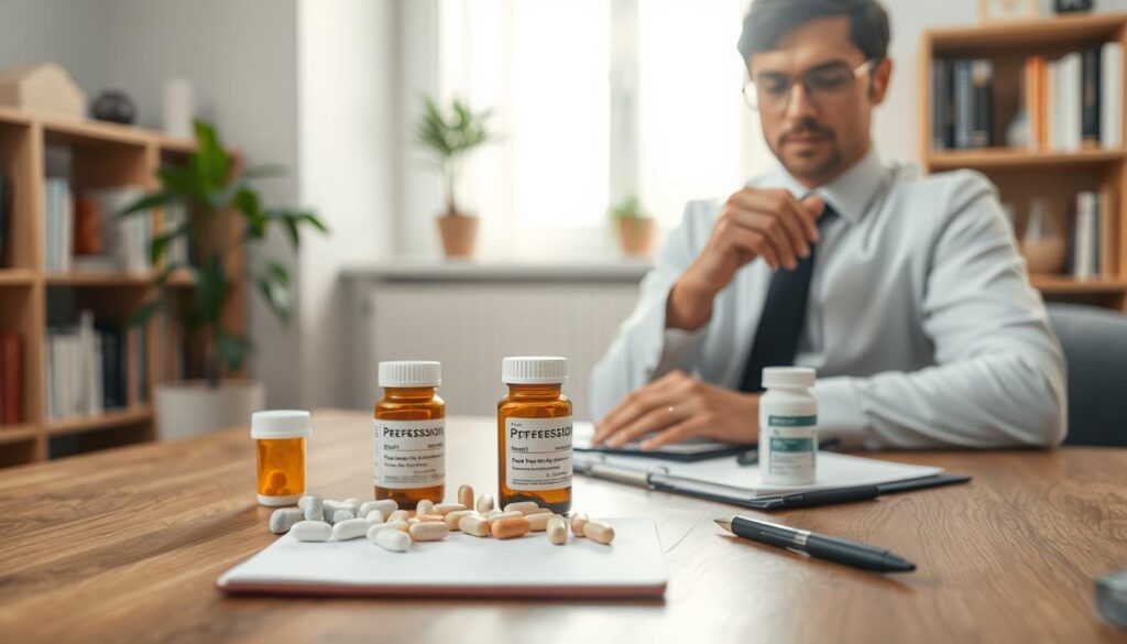 A serene and calming indoor setting, featuring a wooden table with various prescription medication bottles arranged neatly alongside a notepad and a pen, symbolizing pharmacological support for depression treatment. In the foreground, a professional, well-dressed person, a psychologist or psychiatrist, examines the medication, conveying a sense of care and expertise. The middle ground includes soft, natural lighting from a nearby window, enhancing the peaceful atmosphere. In the background, calming elements like a green plant and a bookshelf filled with psychology books create an inviting environment. The mood is hopeful and reassuring, emphasizing the importance of medication in the journey of mental health recovery. A serene and calming indoor setting, featuring a wooden table with various prescription medication bottles arranged neatly alongside a notepad and a pen, symbolizing pharmacological support for depression treatment. In the foreground, a professional, well-dressed person, a psychologist or psychiatrist, examines the medication, conveying a sense of care and expertise. The middle ground includes soft, natural lighting from a nearby window, enhancing the peaceful atmosphere. In the background, calming elements like a green plant and a bookshelf filled with psychology books create an inviting environment. The mood is hopeful and reassuring, emphasizing the importance of medication in the journey of mental health recovery.