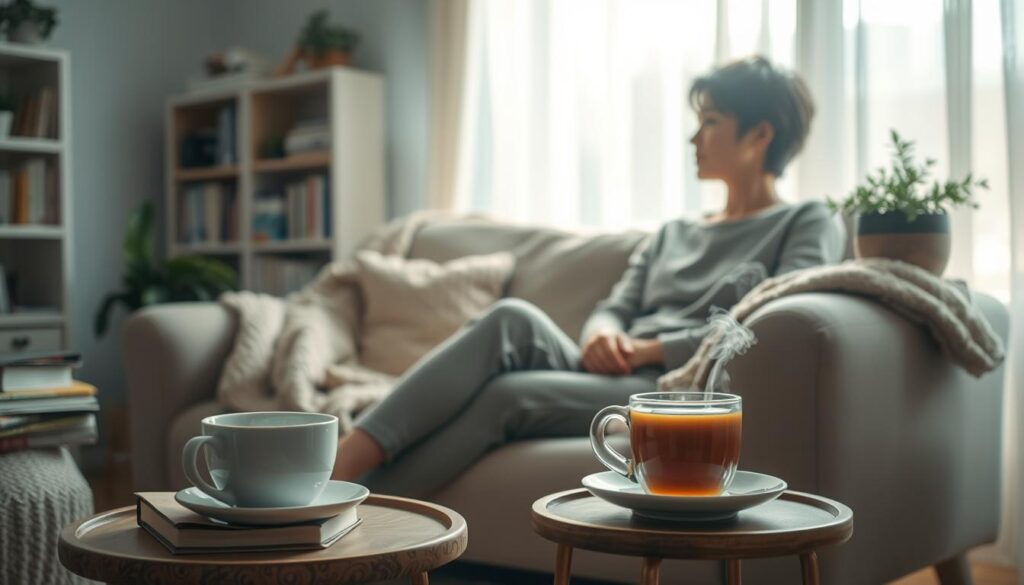 A serene and calming scene depicting a person sitting on a cozy couch in a softly lit room, surrounded by comforting elements like books, plants, and warm blankets. The individual, dressed in modest casual clothing, appears contemplative yet hopeful, reflecting on the first steps to address depression. In the foreground, a steaming cup of tea rests on a small table, symbolizing self-care. In the background, gentle sunlight filters through sheer curtains, casting a warm glow, enhancing the atmosphere of tranquility and support. The overall mood is one of introspection and positivity, encouraging viewers to take proactive measures for mental well-being. Use a soft focus and warm color palette to evoke a sense of safety and comfort. A serene and calming scene depicting a person sitting on a cozy couch in a softly lit room, surrounded by comforting elements like books, plants, and warm blankets. The individual, dressed in modest casual clothing, appears contemplative yet hopeful, reflecting on the first steps to address depression. In the foreground, a steaming cup of tea rests on a small table, symbolizing self-care. In the background, gentle sunlight filters through sheer curtains, casting a warm glow, enhancing the atmosphere of tranquility and support. The overall mood is one of introspection and positivity, encouraging viewers to take proactive measures for mental well-being. Use a soft focus and warm color palette to evoke a sense of safety and comfort.