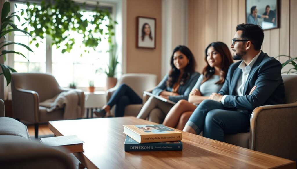 A serene and comforting scene depicting a cozy support center for mental health. In the foreground, a diverse group of three individuals sit attentively in a welcoming, well-lit room, dressed in professional attire. One person is speaking, sharing experiences, while the others listen empathetically. In the middle, a coffee table holds self-help books and informational brochures about counseling services, emphasizing the theme of seeking help for depression. In the background, soft light filters through a window adorned with plant life, creating a warm atmosphere. The overall mood is hopeful and supportive, conveying a sense of community and understanding, with a focus on mental wellness and healing. The composition should be inviting, with a shallow depth of field that gently blurs the background, keeping attention on the group. A serene and comforting scene depicting a cozy support center for mental health. In the foreground, a diverse group of three individuals sit attentively in a welcoming, well-lit room, dressed in professional attire. One person is speaking, sharing experiences, while the others listen empathetically. In the middle, a coffee table holds self-help books and informational brochures about counseling services, emphasizing the theme of seeking help for depression. In the background, soft light filters through a window adorned with plant life, creating a warm atmosphere. The overall mood is hopeful and supportive, conveying a sense of community and understanding, with a focus on mental wellness and healing. The composition should be inviting, with a shallow depth of field that gently blurs the background, keeping attention on the group.