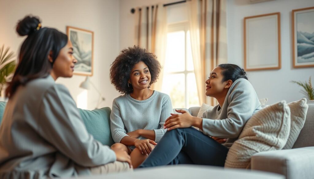 A serene and comforting scene depicting emotional and psychological support. In the foreground, a diverse group of three individuals: a compassionate therapist in professional attire engaging with a client, listening attentively. The client, a young adult with a thoughtful expression, is seated comfortably on a couch. In the middle, a cozy room adorned with soft, warm lighting, full of calming colors like pastel blues and greens, showcasing plush cushions and gentle artwork on the walls that evoke tranquility. In the background, a window lets in soft natural light, creating a welcoming atmosphere. The overall mood is nurturing and supportive, conveying a sense of safety, openness, and emotional healing. A serene and comforting scene depicting emotional and psychological support. In the foreground, a diverse group of three individuals: a compassionate therapist in professional attire engaging with a client, listening attentively. The client, a young adult with a thoughtful expression, is seated comfortably on a couch. In the middle, a cozy room adorned with soft, warm lighting, full of calming colors like pastel blues and greens, showcasing plush cushions and gentle artwork on the walls that evoke tranquility. In the background, a window lets in soft natural light, creating a welcoming atmosphere. The overall mood is nurturing and supportive, conveying a sense of safety, openness, and emotional healing.