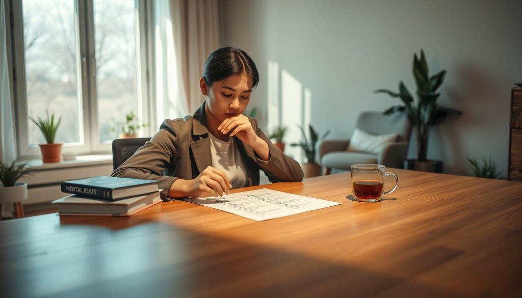 A serene and introspective scene capturing the theme of a depression test. In the foreground, a person (gender-neutral) sits at a sleek wooden desk, their hands thoughtfully resting on a paper with checkboxes, reflecting a deep sense of contemplation. They are dressed in modest, professional attire, with a focused expression. On the desk, a few mental health books and a cup of herbal tea add a warm touch. The middle ground features a softly lit room with warm, muted tones, while a cozy armchair and potted plants create a comforting atmosphere. In the background, a window allows gentle sunlight to illuminate the space, casting delicate shadows. The overall mood is quiet, reflective, and inviting, encouraging viewers to consider their mental well-being. A serene and introspective scene capturing the theme of a depression test. In the foreground, a person (gender-neutral) sits at a sleek wooden desk, their hands thoughtfully resting on a paper with checkboxes, reflecting a deep sense of contemplation. They are dressed in modest, professional attire, with a focused expression. On the desk, a few mental health books and a cup of herbal tea add a warm touch. The middle ground features a softly lit room with warm, muted tones, while a cozy armchair and potted plants create a comforting atmosphere. In the background, a window allows gentle sunlight to illuminate the space, casting delicate shadows. The overall mood is quiet, reflective, and inviting, encouraging viewers to consider their mental well-being.