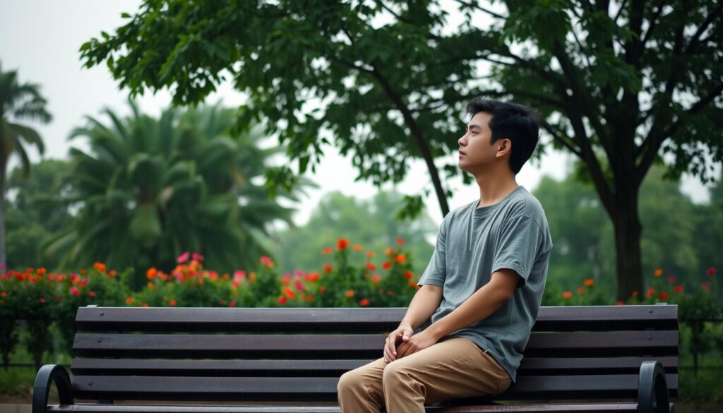 A serene and introspective scene depicting a person sitting alone on a park bench, dressed in modest casual clothing. The person is gazing thoughtfully into the distance, conveying a sense of melancholy and anxiety. The foreground features a soft-focus view of the individual, capturing subtle emotions in their expression. In the middle, lush green trees and vibrant flowers provide a natural backdrop, contrasting with the subject's emotional state. The background displays a gentle, overcast sky hinting at an impending rain, embodying the mood of uncertainty and heaviness. The lighting is soft and diffused, evoking a sense of calmness yet reflecting an underlying tension. The overall atmosphere should communicate the complexities of anxiety and depression without any textual elements or distractions. A serene and introspective scene depicting a person sitting alone on a park bench, dressed in modest casual clothing. The person is gazing thoughtfully into the distance, conveying a sense of melancholy and anxiety. The foreground features a soft-focus view of the individual, capturing subtle emotions in their expression. In the middle, lush green trees and vibrant flowers provide a natural backdrop, contrasting with the subject's emotional state. The background displays a gentle, overcast sky hinting at an impending rain, embodying the mood of uncertainty and heaviness. The lighting is soft and diffused, evoking a sense of calmness yet reflecting an underlying tension. The overall atmosphere should communicate the complexities of anxiety and depression without any textual elements or distractions.