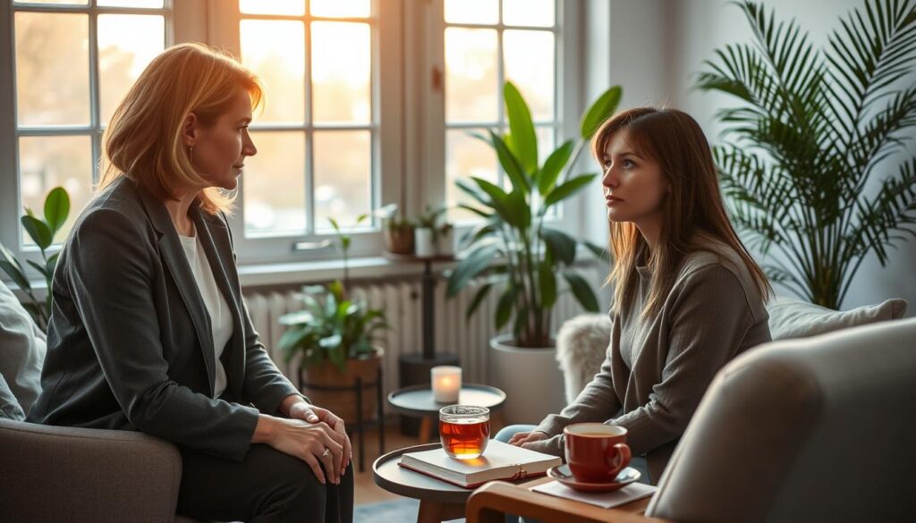 A serene and inviting therapy room, emphasizing the importance of psychological support in healing from depression. In the foreground, a compassionate therapist, a middle-aged woman wearing professional attire, sits across from a young adult client, who appears contemplative and open to dialogue. The therapist is leaning slightly forward, conveying empathy and understanding. In the middle ground, a cozy armchair is filled with soft cushions, and a small table holds a journal and a steaming cup of herbal tea. In the background, large windows let in warm, soft daylight, illuminating the space with a calm ambiance. Houseplants add a touch of nature, creating a tranquil atmosphere that fosters healing and connection. The overall mood is one of safety, trust, and comfort, reflecting the crucial role of therapeutic support.