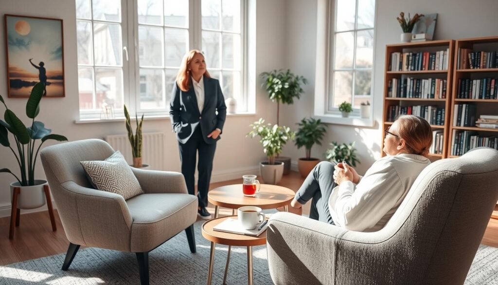 A serene and inviting therapy room, filled with soft, natural light filtering through large windows. In the foreground, a comfortable armchair is positioned beside a small table with a steaming cup of herbal tea. A notepad and pen rest on the table, suggesting a space for reflection. In the middle, a professional therapist, dressed in smart casual attire, is engaging thoughtfully with a client, who appears relaxed and open. The background features calming art on the walls, plants, and a bookshelf filled with psychology books, creating an atmosphere of support and healing. The overall mood is tranquil and encouraging, emphasizing hope and the journey of overcoming depression. A serene and inviting therapy room, filled with soft, natural light filtering through large windows. In the foreground, a comfortable armchair is positioned beside a small table with a steaming cup of herbal tea. A notepad and pen rest on the table, suggesting a space for reflection. In the middle, a professional therapist, dressed in smart casual attire, is engaging thoughtfully with a client, who appears relaxed and open. The background features calming art on the walls, plants, and a bookshelf filled with psychology books, creating an atmosphere of support and healing. The overall mood is tranquil and encouraging, emphasizing hope and the journey of overcoming depression.