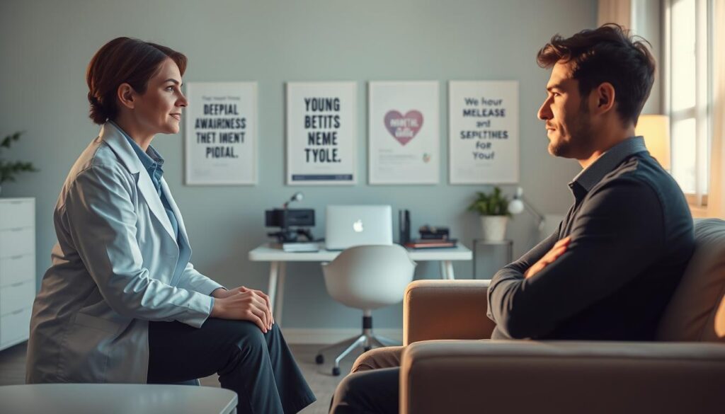 A serene and professional setting depicting the diagnostic process for bipolar depression. In the foreground, a psychologist in professional attire is observing a patient seated on a modern couch, displaying a thoughtful expression. In the middle layer, a cluttered desk with diagnostic tools and a laptop is shown, symbolizing the professional environment. The background features calming wall colors, with motivational posters about mental health awareness. Soft, warm lighting illuminates the scene, casting gentle shadows and creating an inviting atmosphere. The angle is slightly elevated, offering a clear view of the interaction while maintaining a sense of privacy. The mood is contemplative and supportive, emphasizing the importance of understanding and recognizing symptoms. A serene and professional setting depicting the diagnostic process for bipolar depression. In the foreground, a psychologist in professional attire is observing a patient seated on a modern couch, displaying a thoughtful expression. In the middle layer, a cluttered desk with diagnostic tools and a laptop is shown, symbolizing the professional environment. The background features calming wall colors, with motivational posters about mental health awareness. Soft, warm lighting illuminates the scene, casting gentle shadows and creating an inviting atmosphere. The angle is slightly elevated, offering a clear view of the interaction while maintaining a sense of privacy. The mood is contemplative and supportive, emphasizing the importance of understanding and recognizing symptoms.